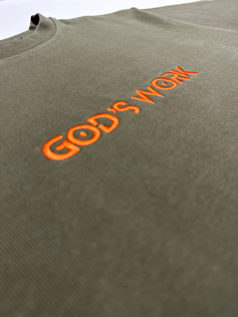 God's Work- (embroidered) Premium Heavyweight T-shirt (Olive/Orange)