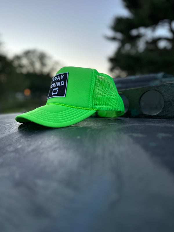 PRAY GRIND REPEAT- Neon Green Foam Mesh Snap-back