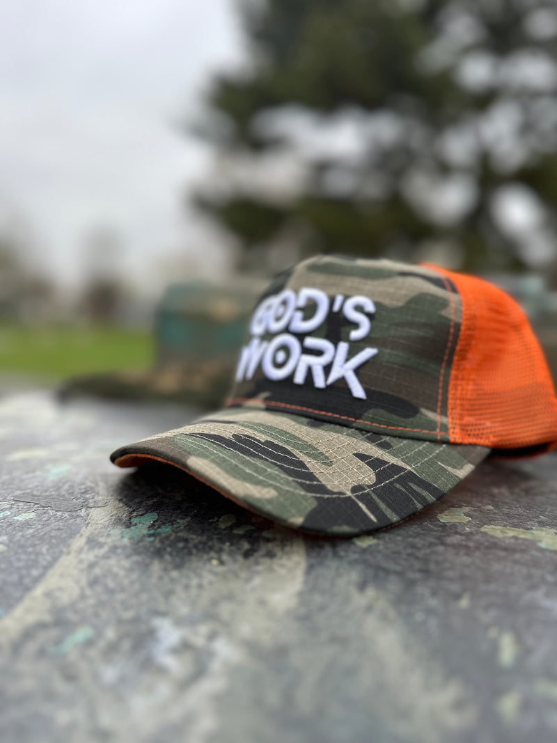 God’s Work- Signature Series (camo/orange) mesh snap-back