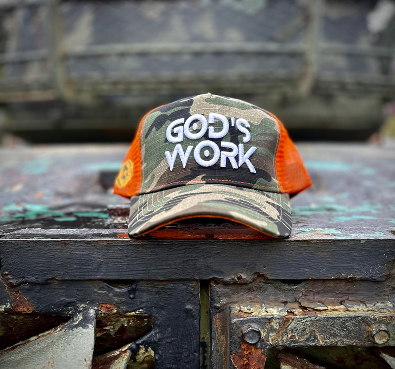 God’s Work- Signature Series (camo/orange) mesh snap-back