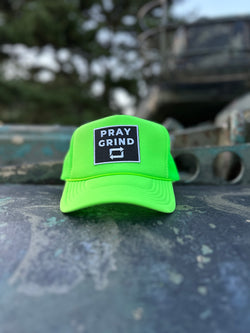 PRAY GRIND REPEAT- Neon Green Foam Mesh Snap-back