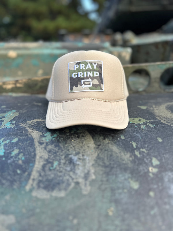 PRAY GRIND REPEAT- TAN Foam Mesh Snap-back