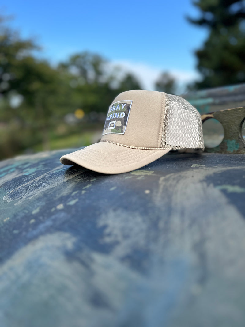 PRAY GRIND REPEAT- TAN Foam Mesh Snap-back