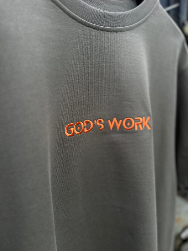 God's Work- (embroidered) Premium Heavyweight T-shirt (Olive/Orange)